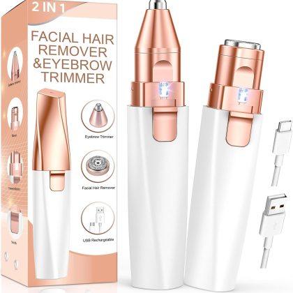 Eyebrow Trimmer Facial Hair Removal for Women: 2 in 1 Rechargeable Face Shaver with LED Light, Painless Electric Eyebrow Razor for Eyebrows, Upper Lip, Chin, Peach Fuzz & Fine Facial Hair