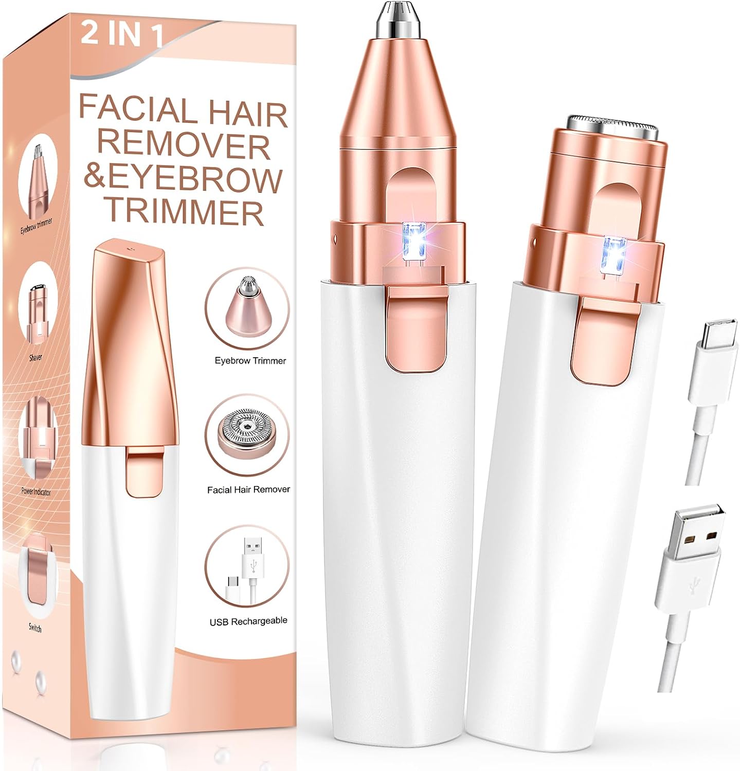 Eyebrow Trimmer Facial Hair Removal for Women: 2 in 1 Rechargeable Face Shaver with LED Light, Painless Electric Eyebrow Razor for Eyebrows, Upper Lip, Chin, Peach Fuzz & Fine Facial Hair