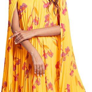 Rooscier Women's Cloak Sleeve Party Midi Dress | Mock Neck Pleated Keyhole Back Flowy Dresses