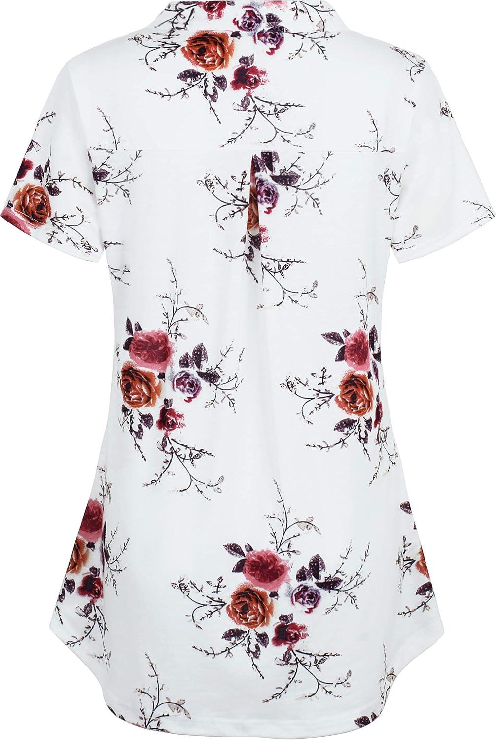 Women's Summer Tops Short Sleeve Casual Blouse Zip Floral Tunic Shirts - Image 2