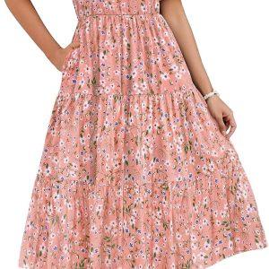 ZEAGOO Women's Summer Dresses Midi Tiered Casual Dress Floral V Neck Ruffle Short Sleeve Flowy Beach Dress with Pockets