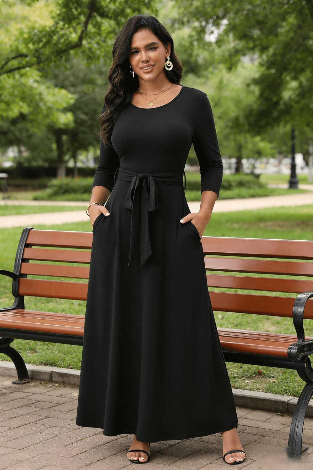 FANDEE Maxi Long Dress Women, Church A Line Casual Empire Waist Dresses | Tea party date funeral work dress, flowy 3/4 sleeve round neck with pockets, m-3xl, breathable fabric - Image 4