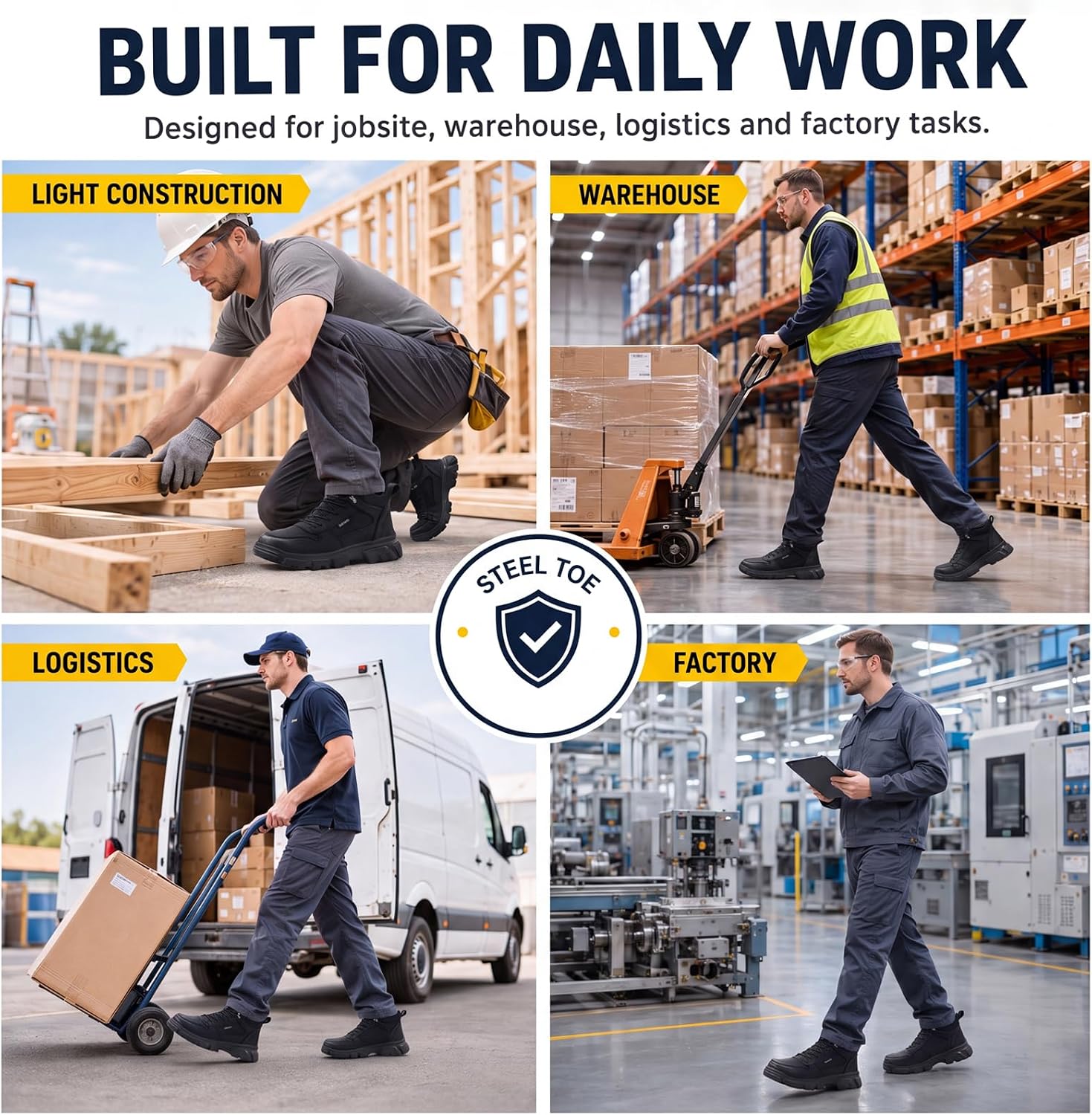 Light Steel Toe Boots for Men Comfortable Work Boots for Warehouse | Lightweight Safety Boots with Puncture Resistant Midsole, Protective Work Boots for Warehouse Factory Black - Image 6