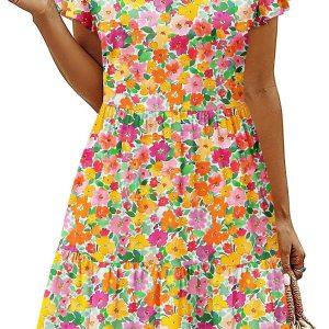 HOTOUCH Women's Casual Summer Dress with Pockets V Neck Ruffle Sleeve A-Line Dresses