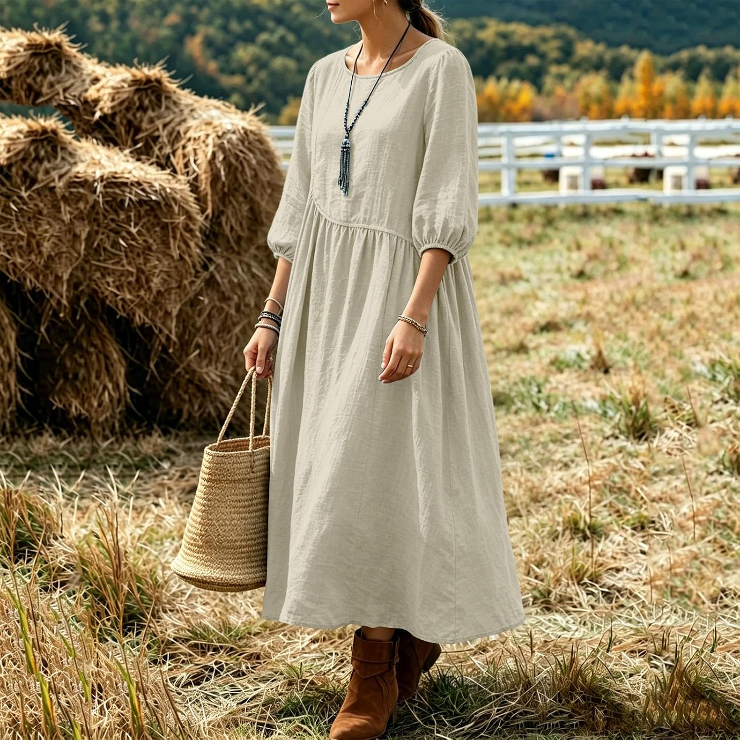 Women Crinkled Crewneck Midi Dress Empire Waist Vacation Dresses | Loose Flowy,Elastic Cuff Puff Sleeves,Breathable Textured Material,For Coastal Travel,Weekend Errands and Boho Daily Look - Image 3