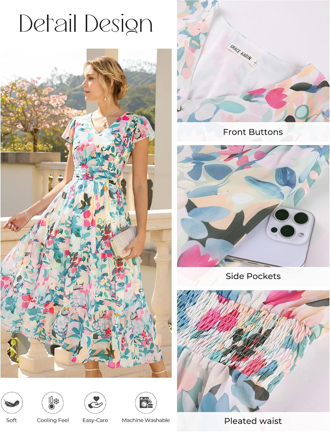 GRACE KARIN Women Summer Dress,Maxi Floral Wedding Guest Dresses - Image 3