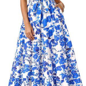 dowerme Women Summer Casual Ruffle Cap Sleeve Floral Belted Boho Maxi Dress | Fall Fashion A-line Flowy Tiered Long Dresses 2026,Cute V Neck Tie Waist Sundress with Pockets,Spring Beach Vacation Clothes