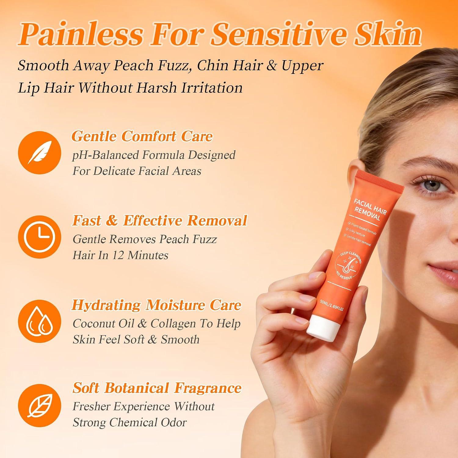 Facial Hair Removal Cream For Women, Gentle Face Hair Removal Cream For Sensitive Skin, Natural Depilatory Cream For Face Chin Peach Fuzz Upper Lip Hair, Flawless Facial Hair Remover, 1.69 Fl Oz - Image 4