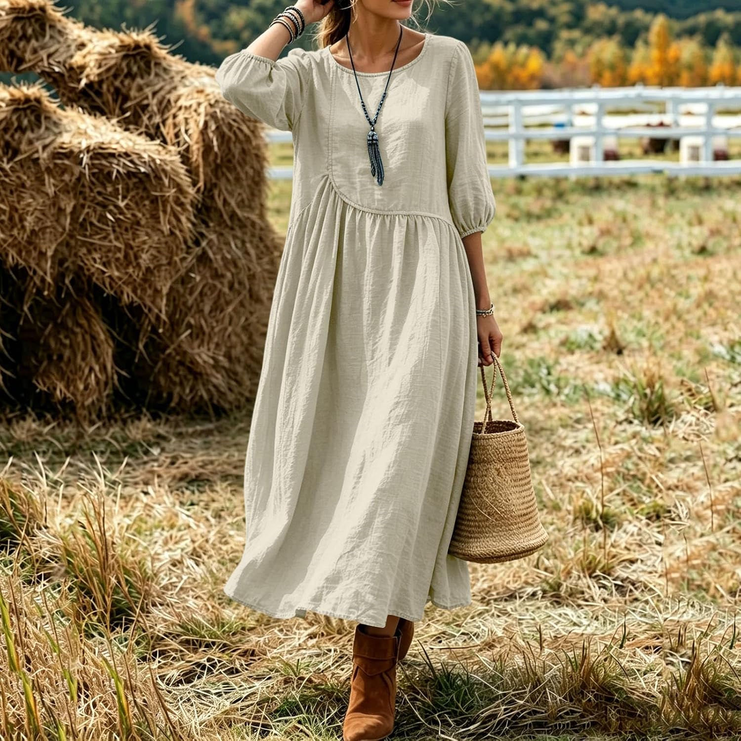 Women Crinkled Crewneck Midi Dress Empire Waist Vacation Dresses | Loose Flowy,Elastic Cuff Puff Sleeves,Breathable Textured Material,For Coastal Travel,Weekend Errands and Boho Daily Look - Image 2