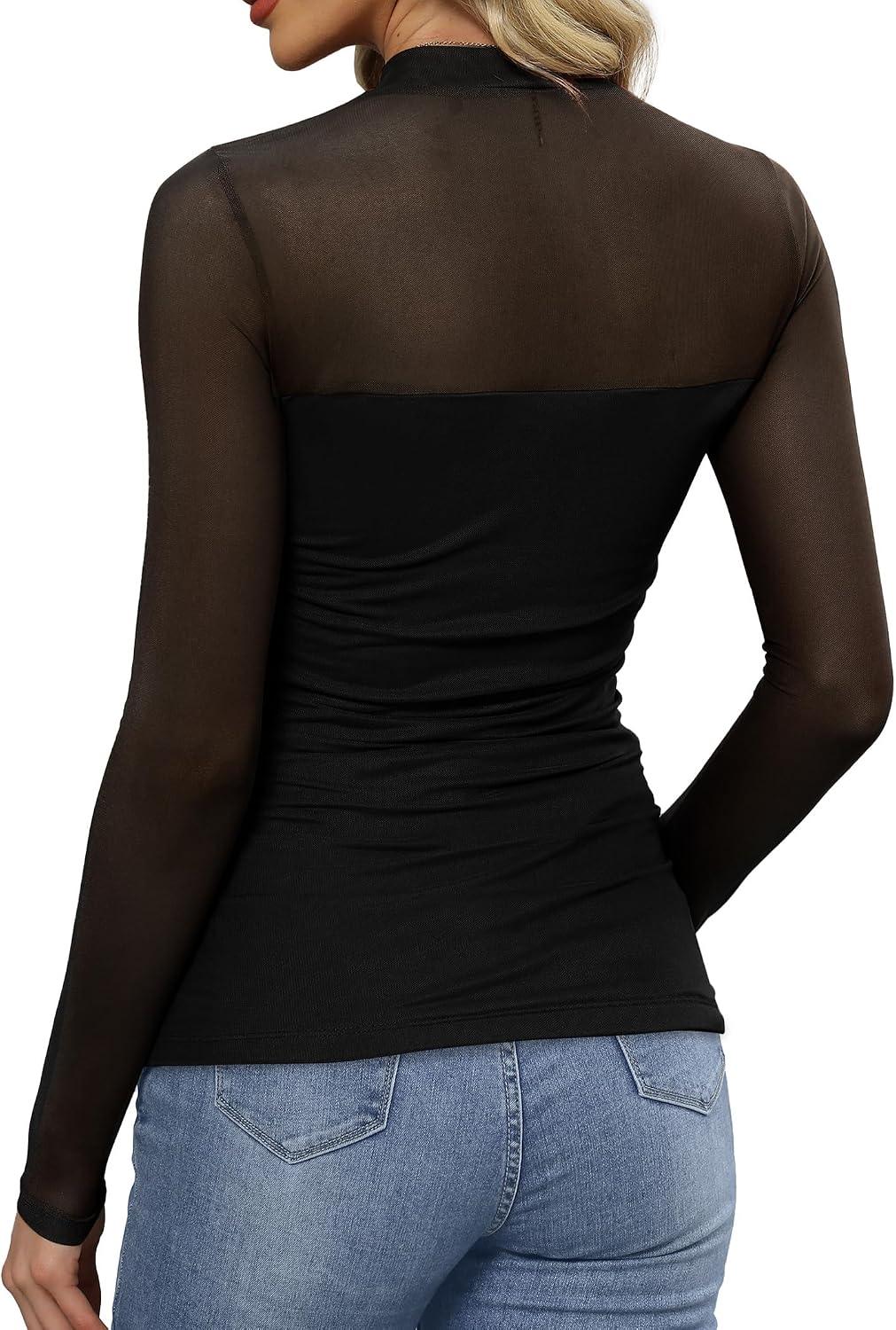 Womens Sexy Mesh Long Sleeve Shirts Fashion Clothing Turtle Necks Sheer Ruched Going Out Tops Fall Outfits Slim Fit Blouses - Image 6