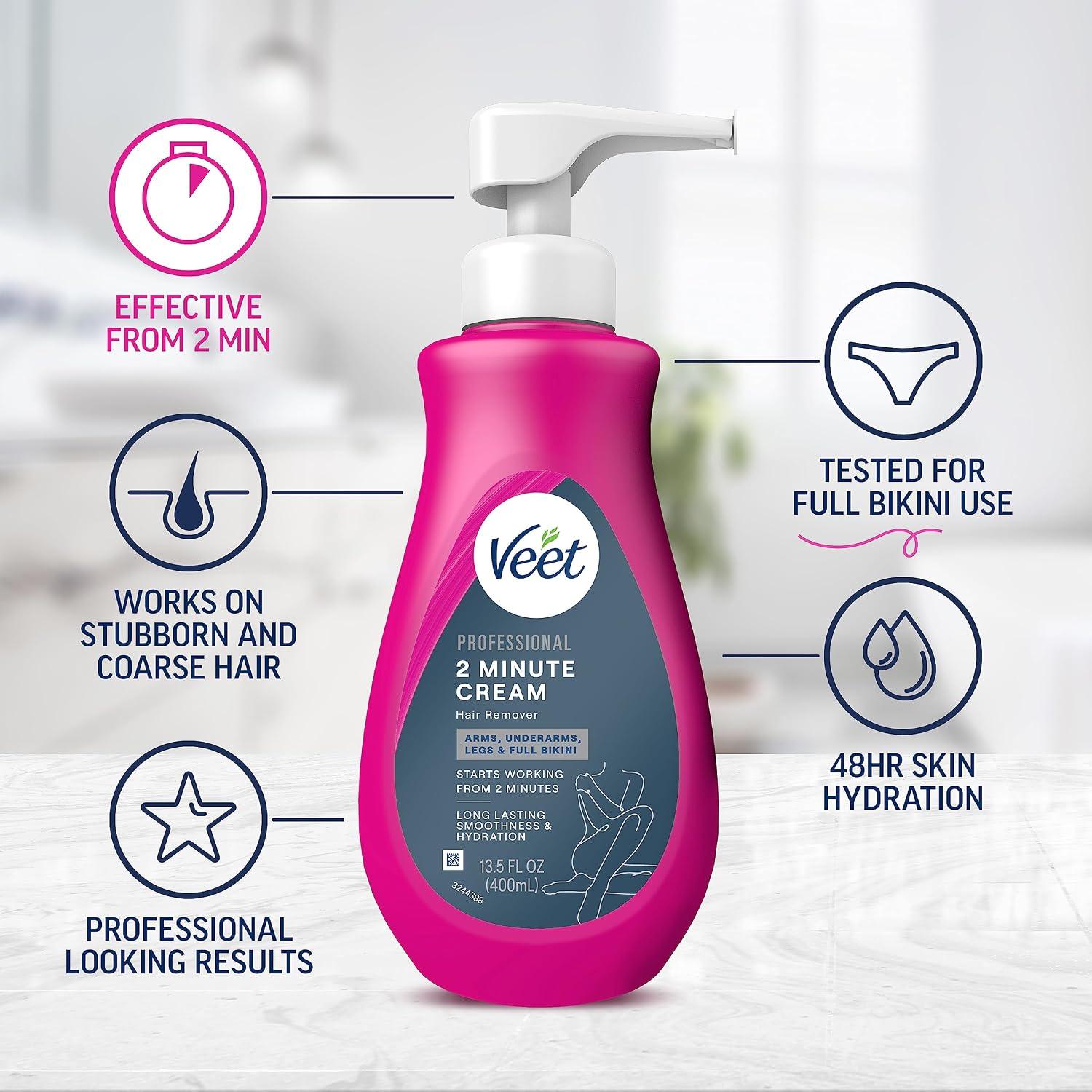 VEET Professional 2 Minute Cream for All Skin Types with Shea Butter, Effective Full Bikini & Pubic Hair Removal, Dermatologically Tested, 13.5 FL OZ Bottle w/Spatula - Image 3