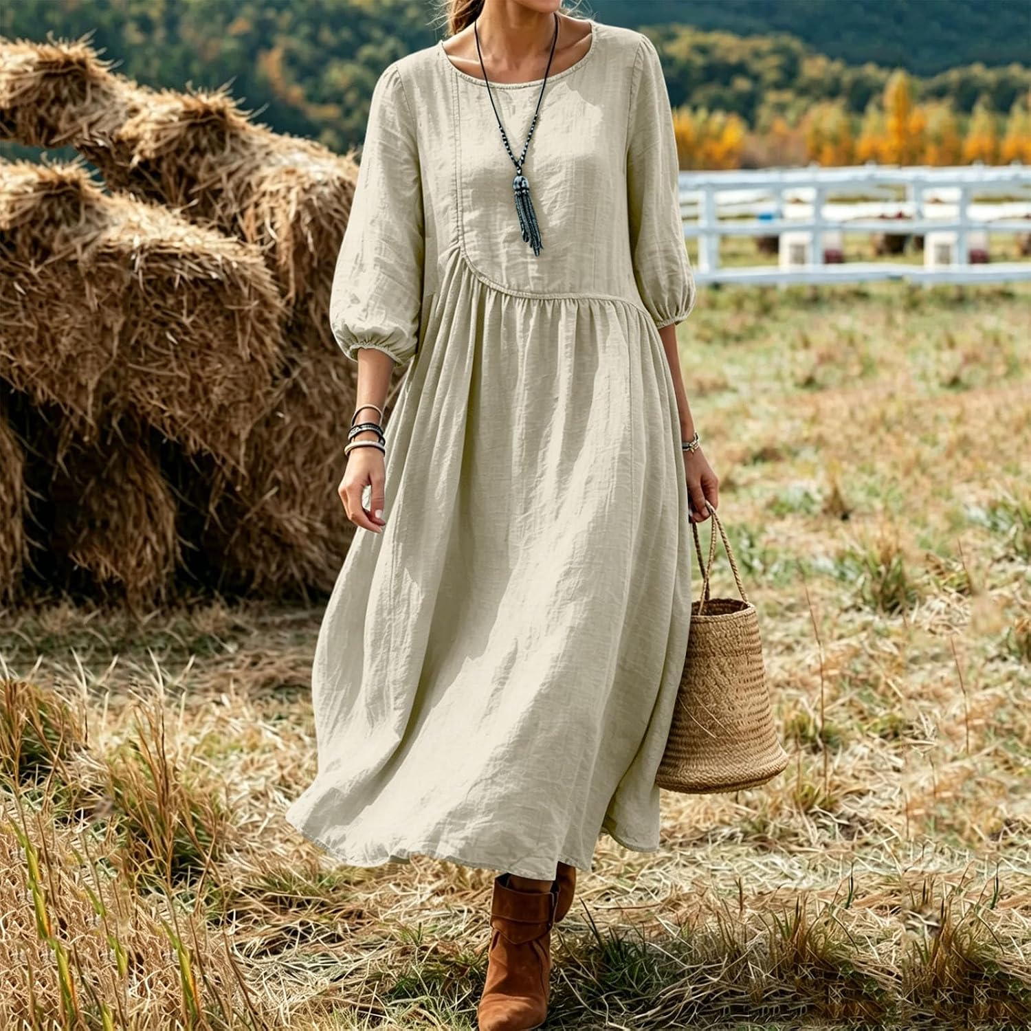 Women Crinkled Crewneck Midi Dress Empire Waist Vacation Dresses | Loose Flowy,Elastic Cuff Puff Sleeves,Breathable Textured Material,For Coastal Travel,Weekend Errands and Boho Daily Look - Image 5