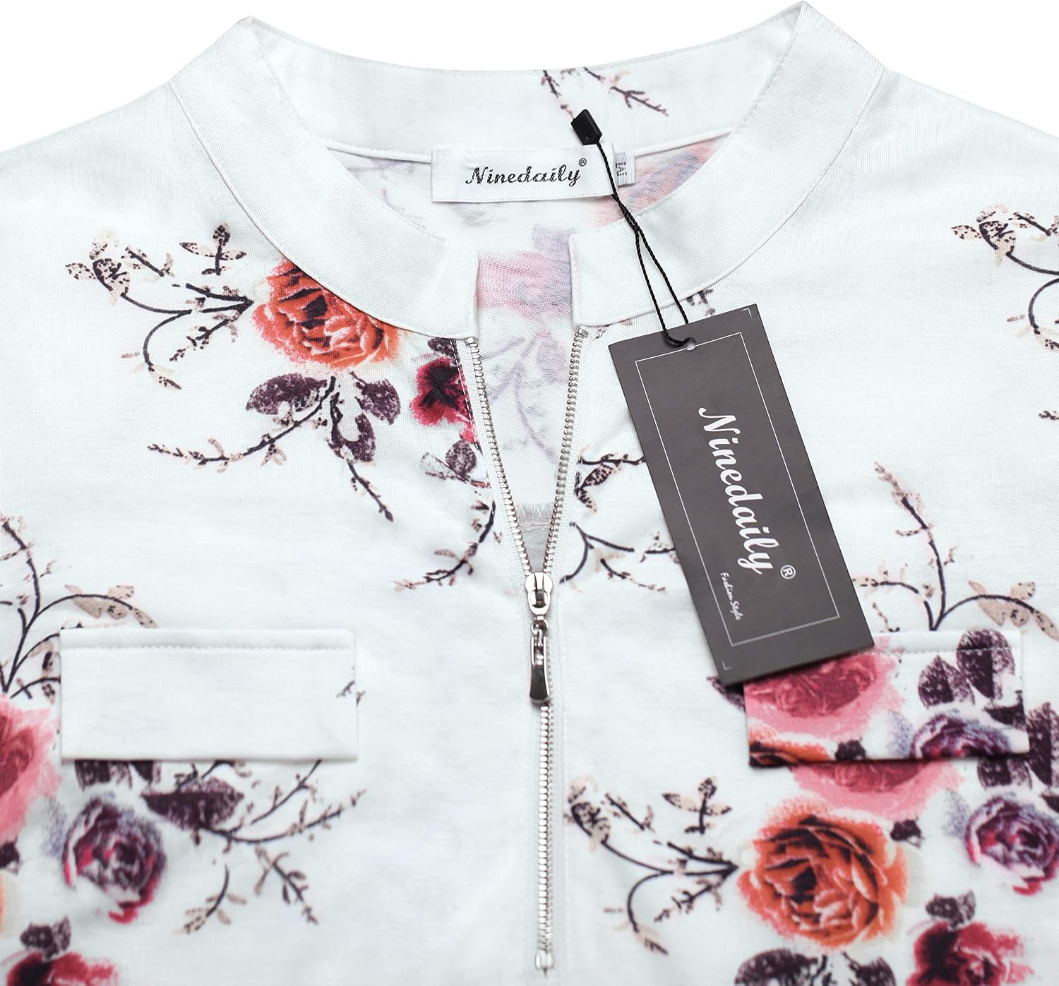 Women's Summer Tops Short Sleeve Casual Blouse Zip Floral Tunic Shirts - Image 3