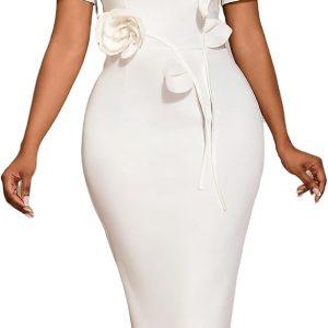 AOMEI Women White Sheath Bride Dress for Wedding Formal Short Sleeve Bodycon Midi Cocktail Evening Dresses with Flower
