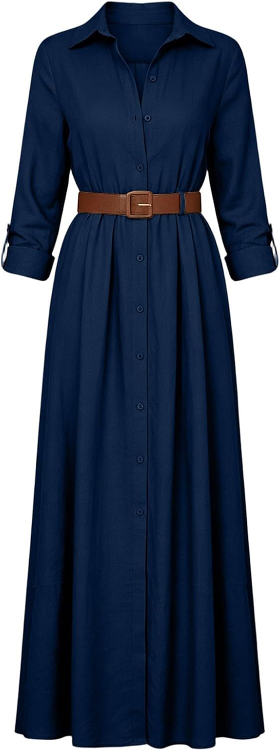Western Dresses for Women Long Sleeve Lapel Button Dresses Maxi Outfit - Image 9