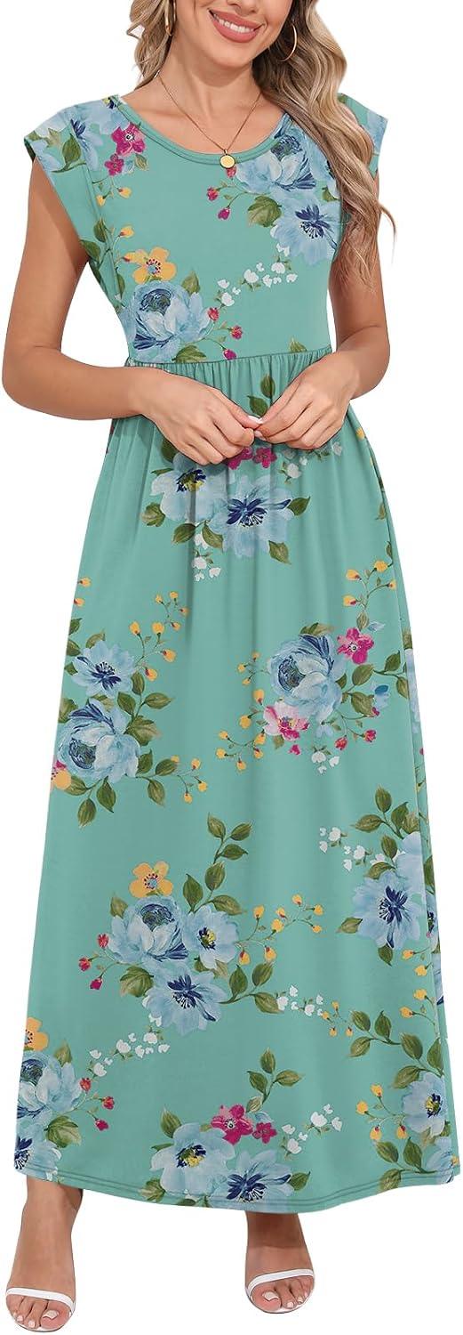 DB MOON Womens 2026 Maxi Dresses Empire Waist Long Summer Dress Casual Cap Short Sleeve Sundress with Pockets - Image 5