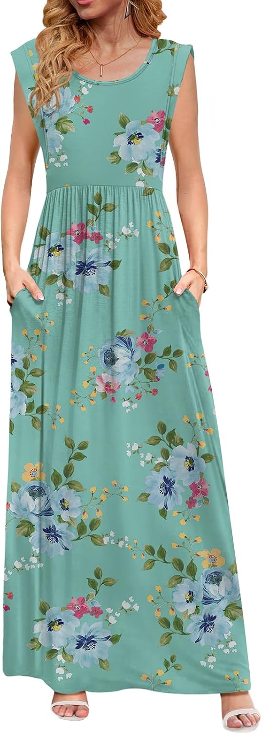 DB MOON Womens 2026 Maxi Dresses Empire Waist Long Summer Dress Casual Cap Short Sleeve Sundress with Pockets