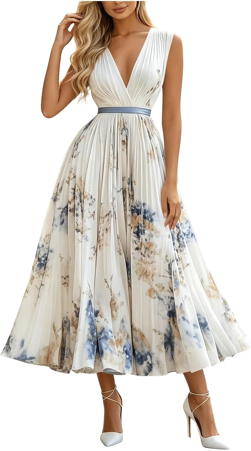 Oplxuo Women's Floral Print Maxi Dress V Neck Sleeveless Pleated Chiffon A-Line Evening Gown Elegant Cocktail Party Dress