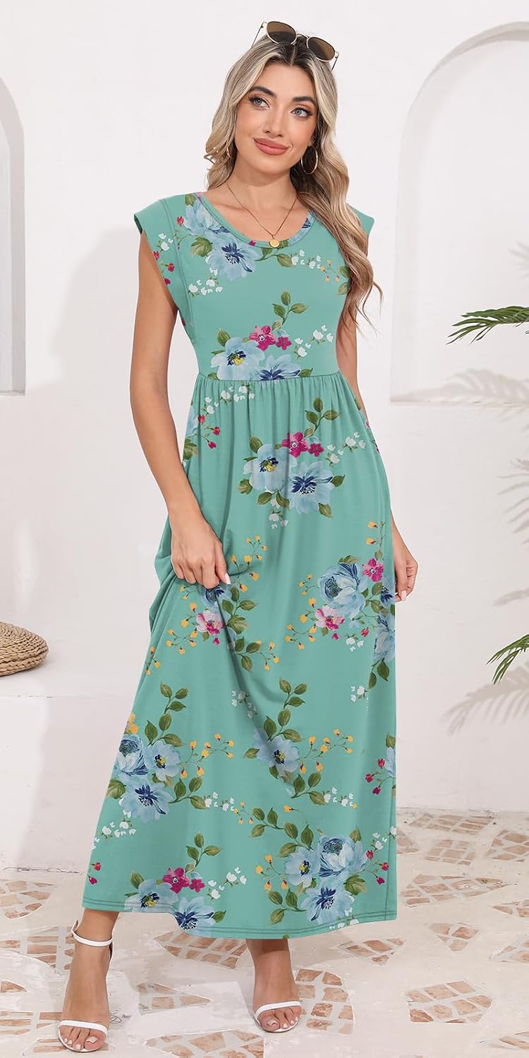 DB MOON Womens 2026 Maxi Dresses Empire Waist Long Summer Dress Casual Cap Short Sleeve Sundress with Pockets - Image 3