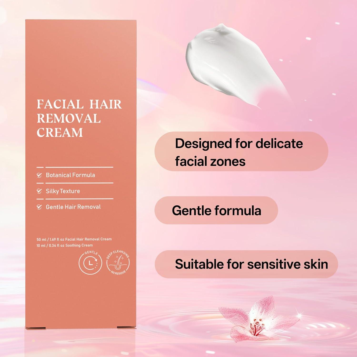 Facial Hair Removal Crem for Women & Men, Sensitive Skin 2-In-1 Painless Hair Removal Cream Kit with Soothing Cream, No Shave Depilatory Cream, Face & Upper Lip, Sideburns & Body, Gentle Formula - Image 4