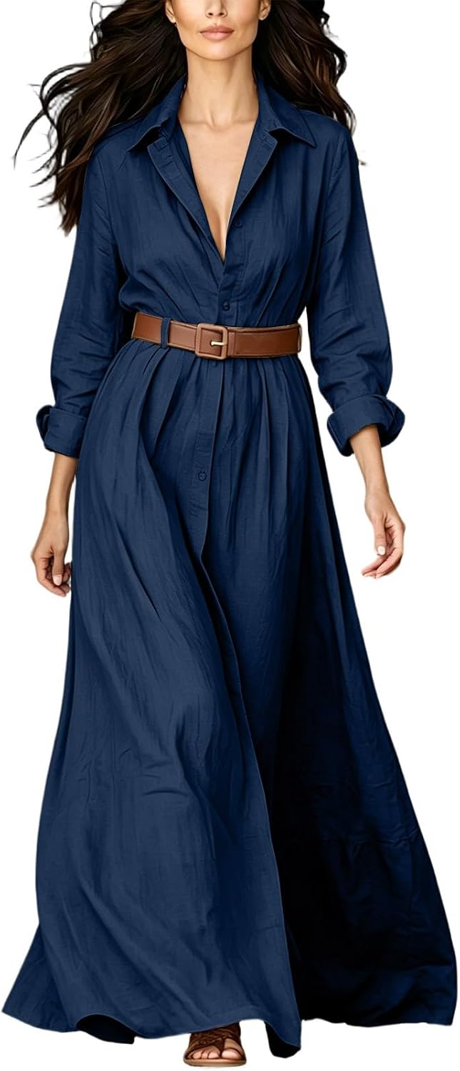 Western Dresses for Women Long Sleeve Lapel Button Dresses Maxi Outfit