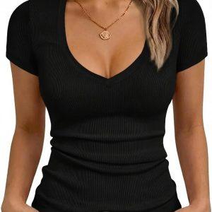 Albe Rita Women Short Sleeve T-Shirt Cap V Neck Shirts for Women Ribbed Casual Top Knit Slim Fit for Summer