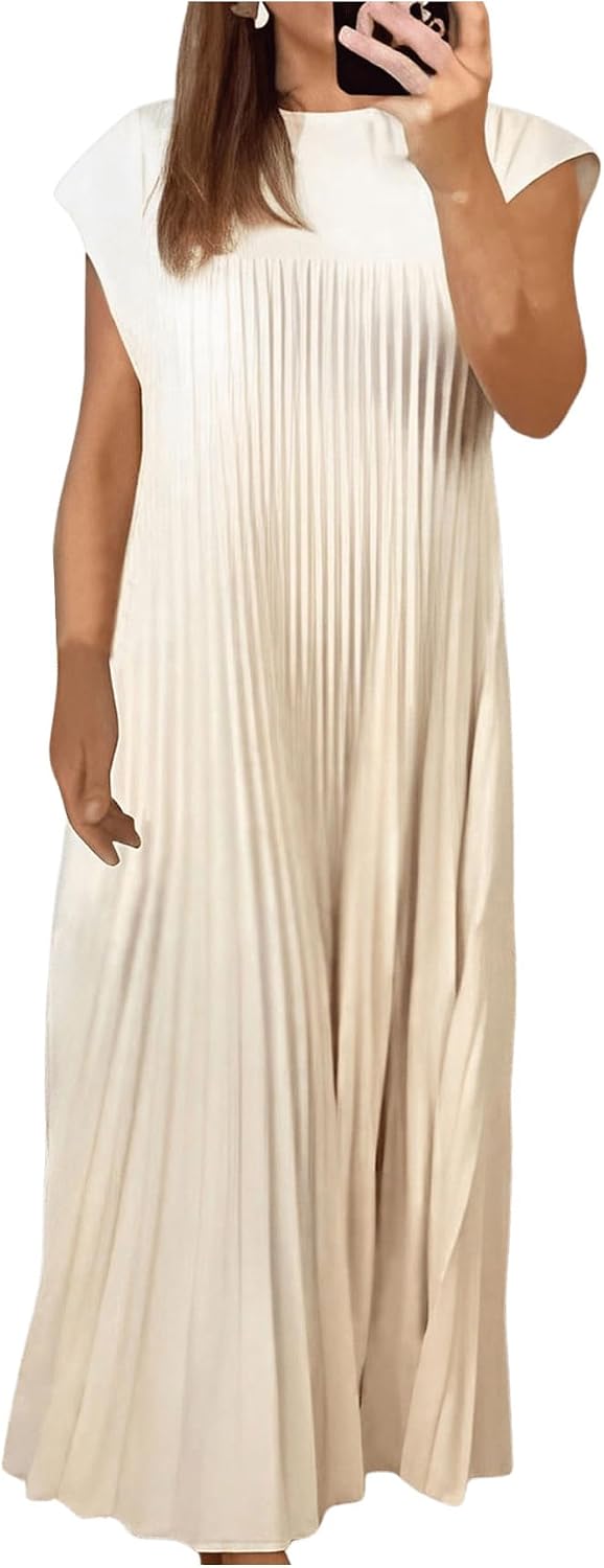GORGLITTER Women's Pleated Maxi Dresses Church Casual Wedding Guest Outfits
