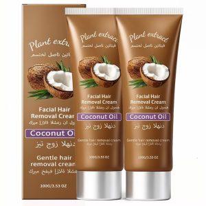 Facial Hair Removal Cream with Coconut Oil,Painless Gentle Hair Removal Cream for Women and Men,Suitable for Upper and Lower Lips,Cheeks,and Underarms; Suitable for Sensitive Skin,3.527oz (2pcs)