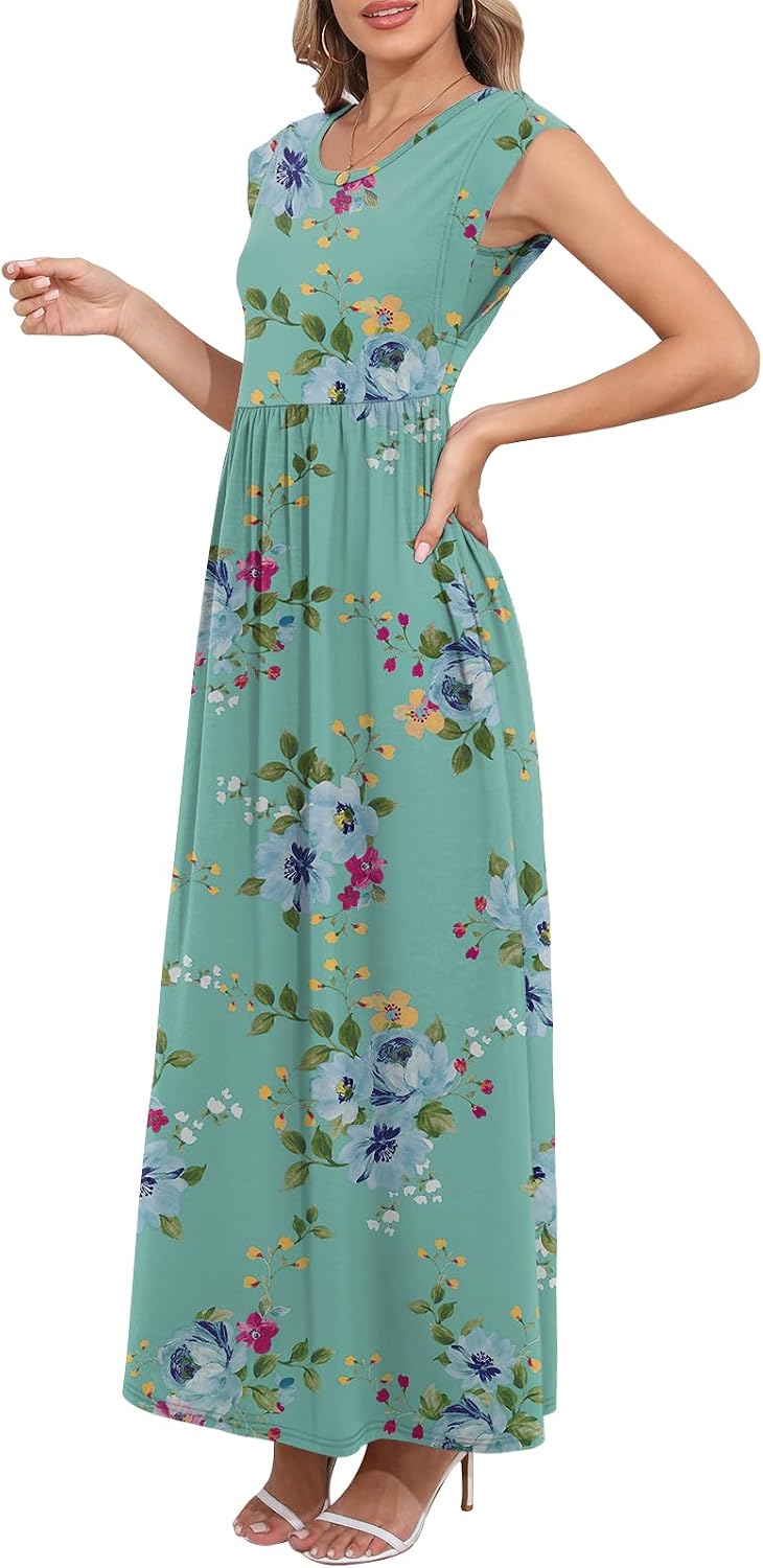 DB MOON Womens 2026 Maxi Dresses Empire Waist Long Summer Dress Casual Cap Short Sleeve Sundress with Pockets - Image 2