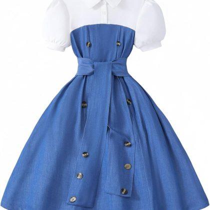 OYOANGLE Girl’s Puff Sleeve Ruffle Princess Dress Color Block Belted Dress
