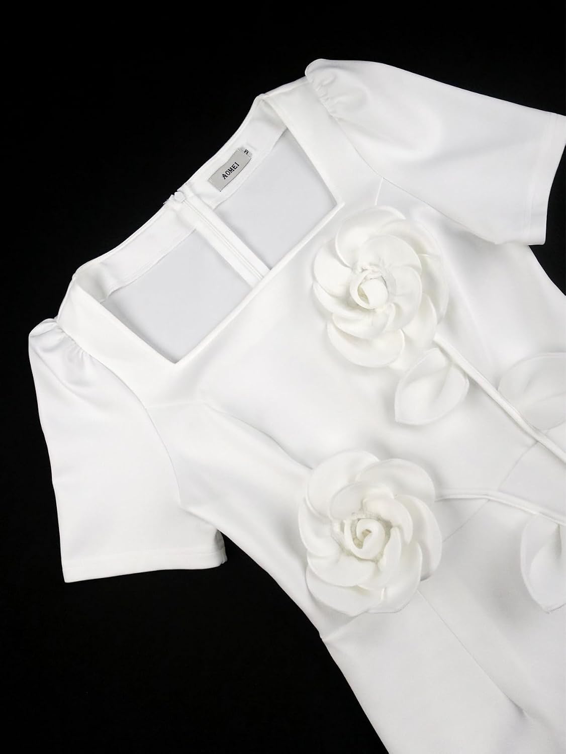 AOMEI Women White Sheath Bride Dress for Wedding Formal Short Sleeve Bodycon Midi Cocktail Evening Dresses with Flower - Image 7