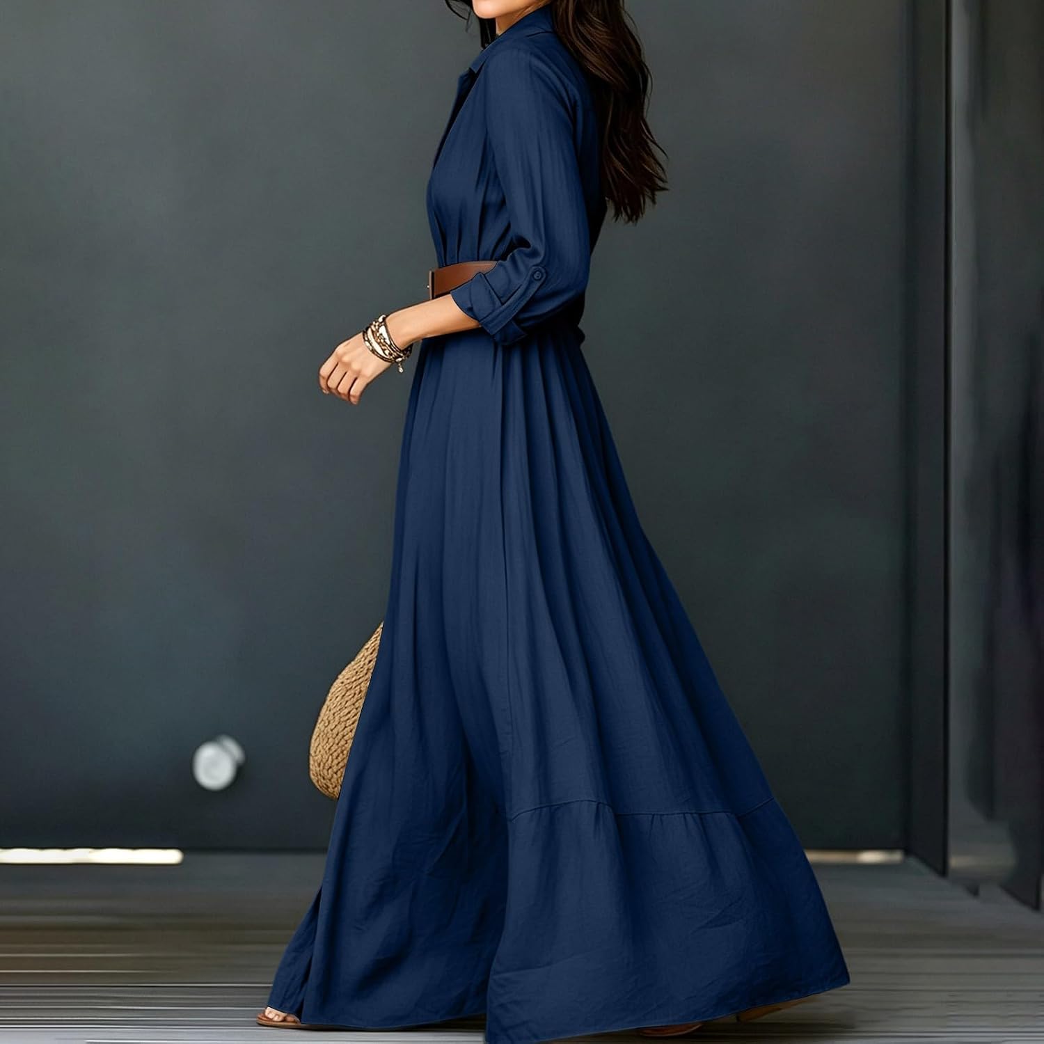 Western Dresses for Women Long Sleeve Lapel Button Dresses Maxi Outfit - Image 6