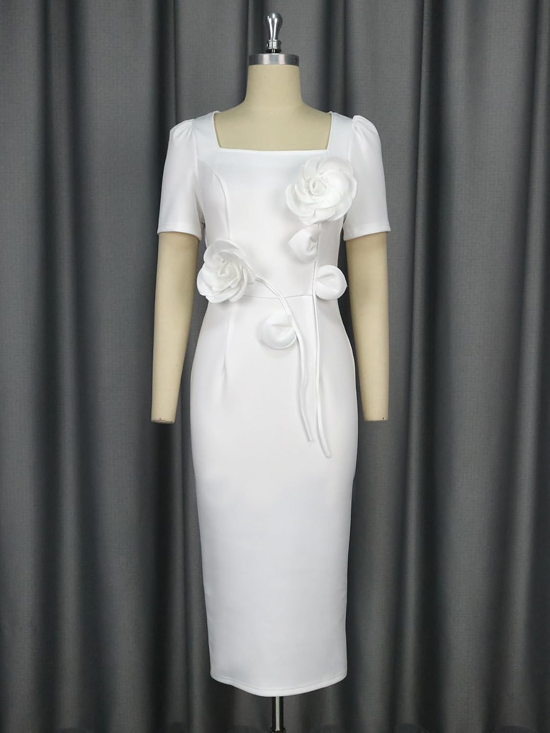 AOMEI Women White Sheath Bride Dress for Wedding Formal Short Sleeve Bodycon Midi Cocktail Evening Dresses with Flower - Image 5