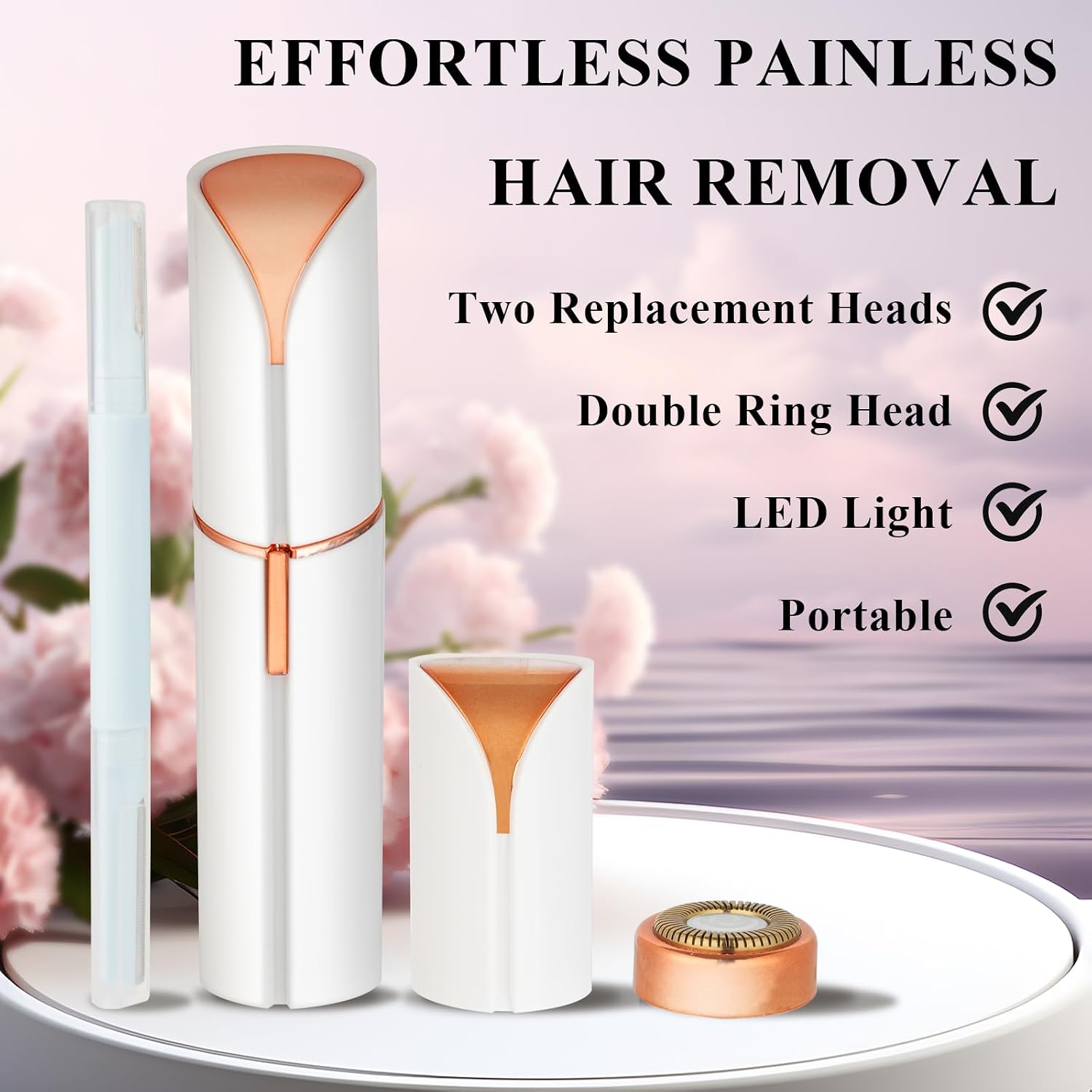 Yunmiss Facial Hair Removal for Women Men,Electric Painless Hair Removal Device Included 2 x Replacement Heads,USB Rechargeable Lady Womens Face Shaver with LED Light for Lip,Chin,Arms (Multicolor) - Image 3
