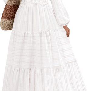 MEROKEETY Womens Fall Puff Long Sleeve Casual V Neck Modest Midi Maxi Dress