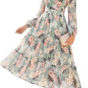 GRACE KARIN Women Floral Maxi Dress Fall Long Sleeve Wedding Guest Dresses
