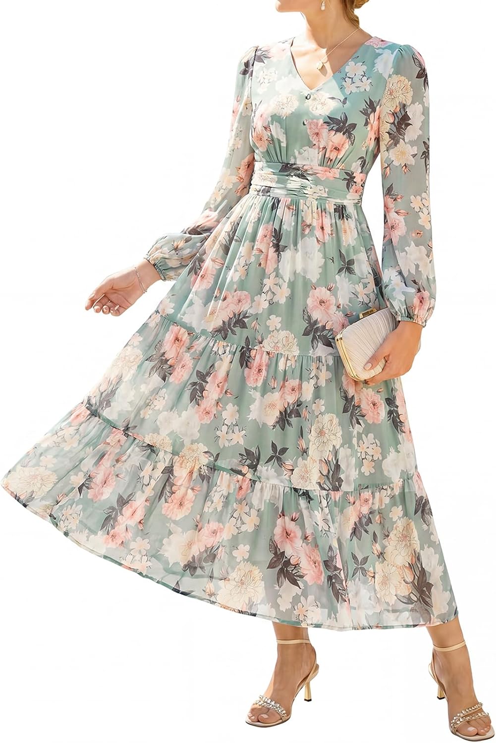GRACE KARIN Women Floral Maxi Dress Fall Long Sleeve Wedding Guest Dresses