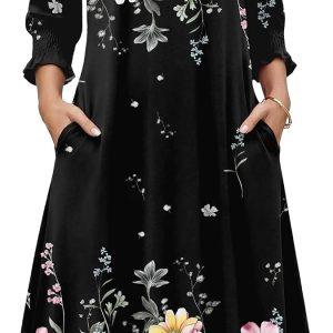 Zeagoo Summer Dresses for Women 2026 3/4 Sleeve Dress for Women Floral Midi Dresses for Casual Womens Dresses with Pockets