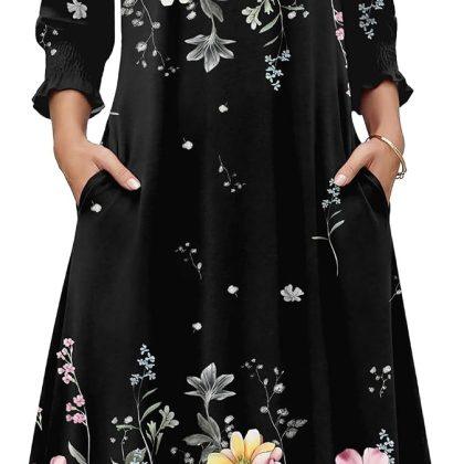 Zeagoo Summer Dresses for Women 2026 3/4 Sleeve Dress for Women Floral Midi Dresses for Casual Womens Dresses with Pockets