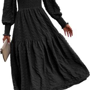 PRETTYGARDEN Women 2026 Spring Puff Long Sleeve Crewneck Smocked Maxi Dress Empire Waist Tiered A-line Swing Flowy Long Dress
