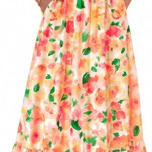 dowerme Women Summer Ruffle Straps Square Neck Floral Print Boho Maxi Dress