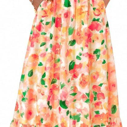 dowerme Women Summer Ruffle Straps Square Neck Floral Print Boho Maxi Dress