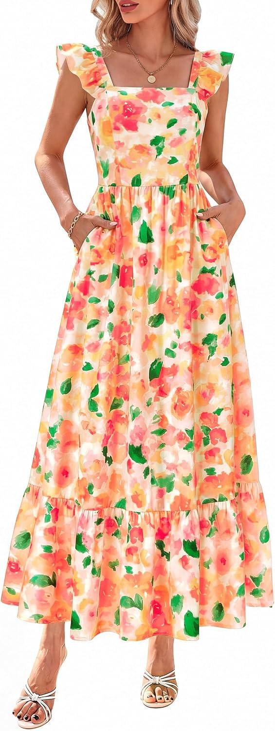 dowerme Women Summer Ruffle Straps Square Neck Floral Print Boho Maxi Dress