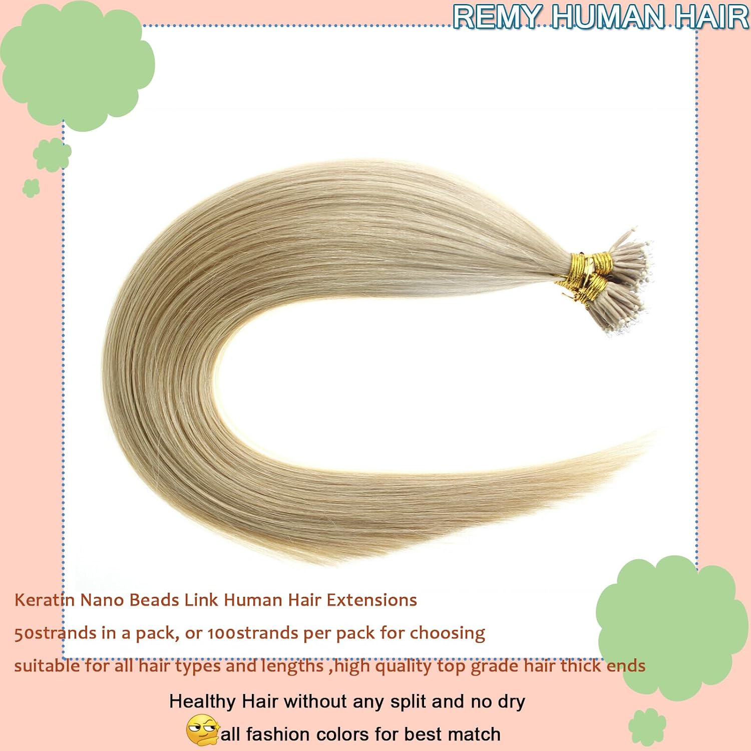 Nano Ring Tip Remy Human Hair Extensions Medium Blonde 26 Inch Invisible Nano Beads Link Premium Straight Hair Strawberry Blonde 50S/50g - Image 2