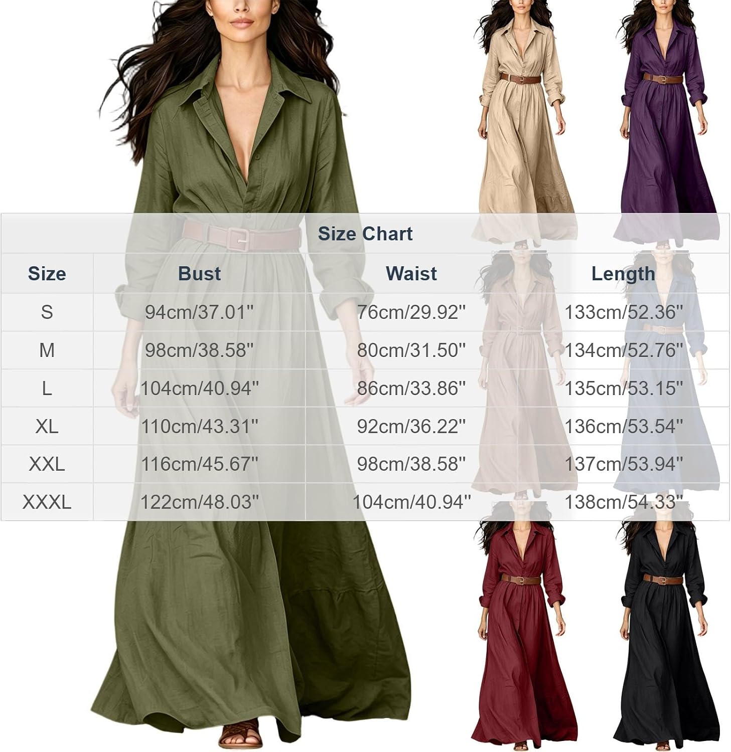 Western Dresses for Women Long Sleeve Lapel Button Dresses Maxi Outfit - Image 4
