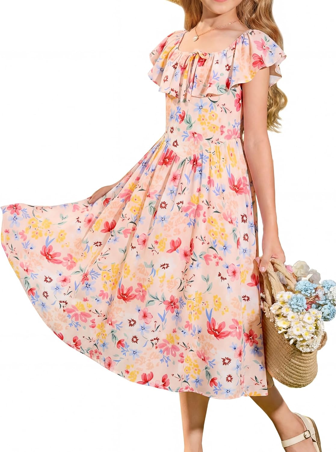 GRACE KARIN Girls Floral Dress Summer Midi Dress Off Shoulder Ruffle Spring Long Dresses