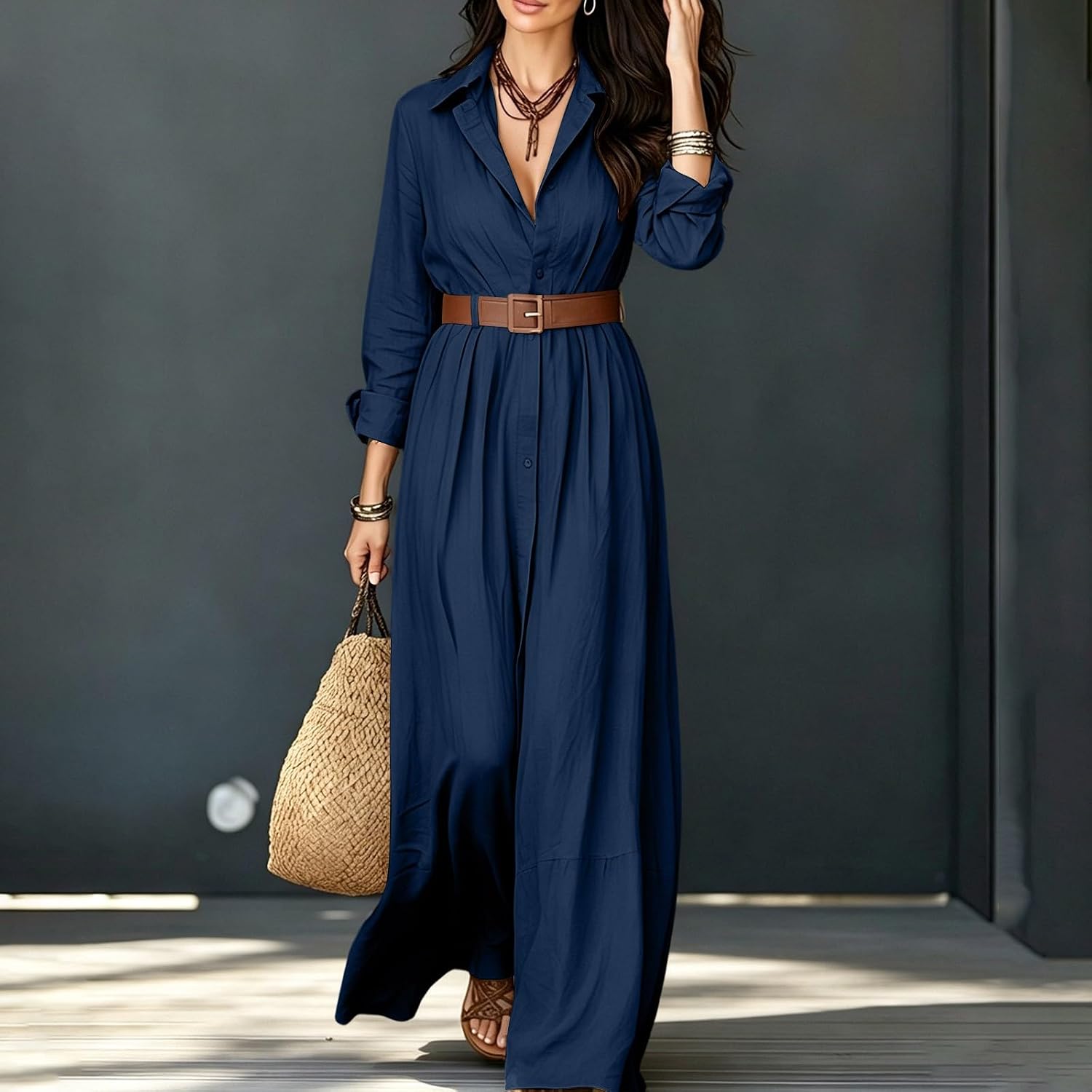 Western Dresses for Women Long Sleeve Lapel Button Dresses Maxi Outfit - Image 7