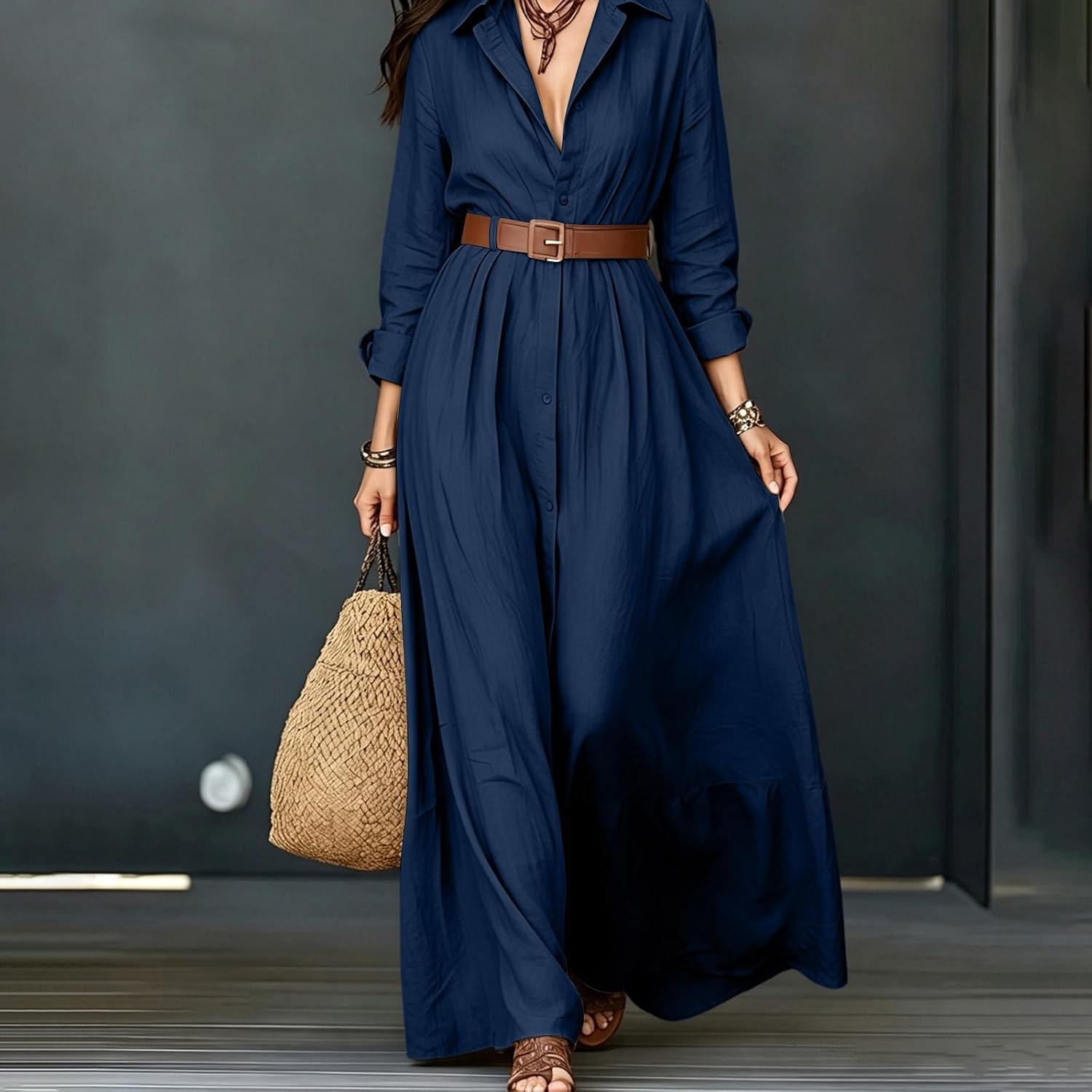 Western Dresses for Women Long Sleeve Lapel Button Dresses Maxi Outfit - Image 5