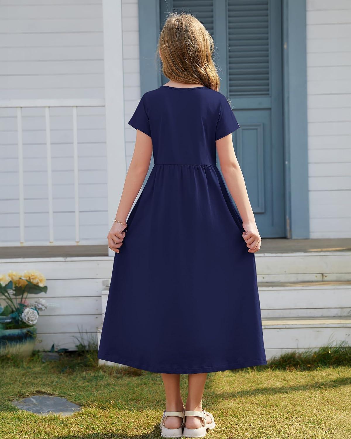 Girls Crewneck Short Sleeve Long Maxi Dress with Pockets 2026 - Image 2