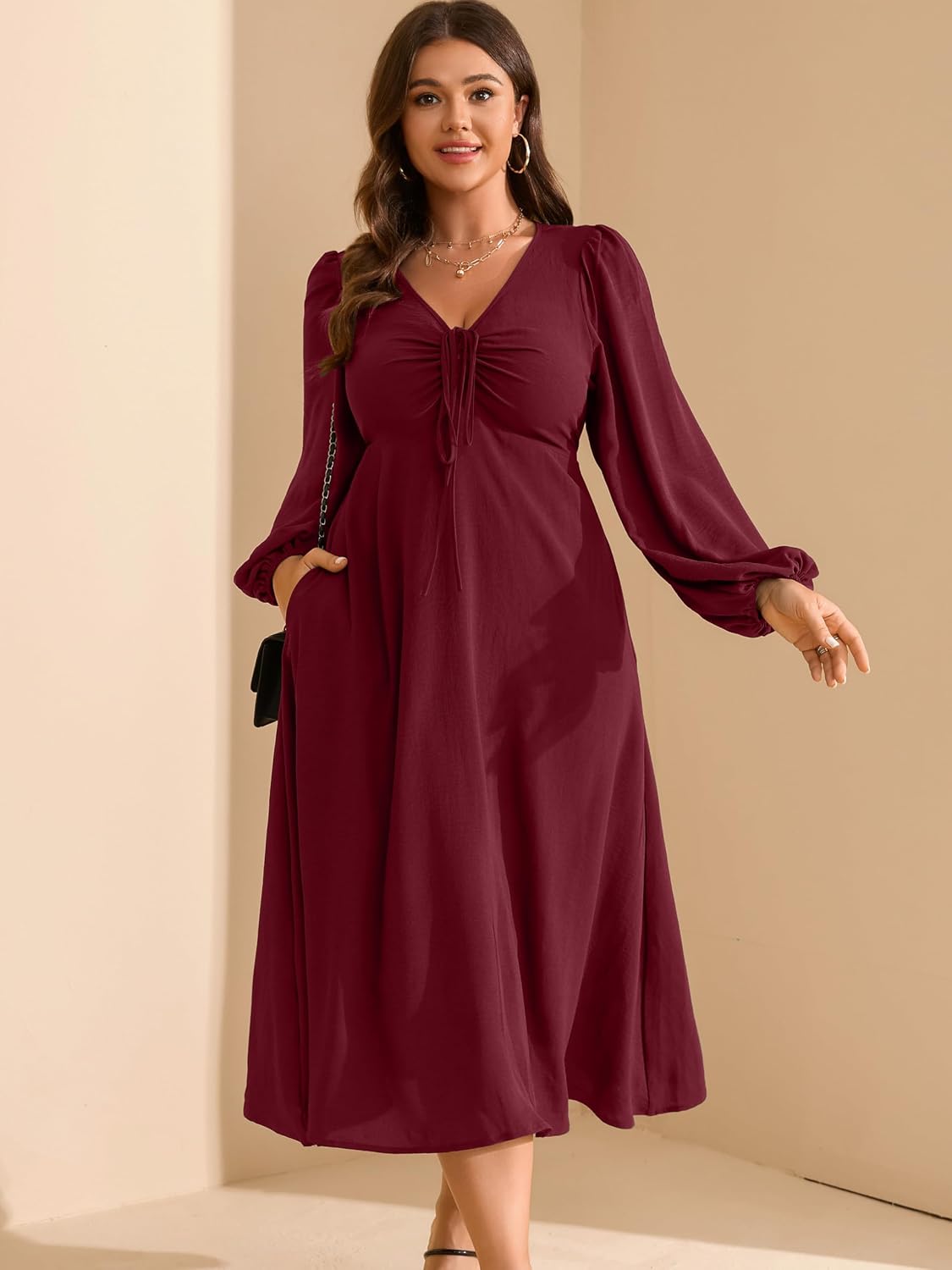 RWJ Fall Wedding Guest Dresses for Women Plus Size V Neck Long Sleeve Tie Front Cocktail Maxi Dress with Pockets - Image 5